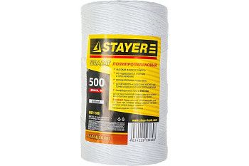 Шпагат STAYER многоцелевой полипропиленовый, d=1,5 мм, белый, 500 м, 32 кгс, 0,8 ктекс