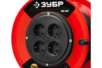 Удлинитель на катушке ЗУБР "ПВС 307", 20 м, 2500 Вт, 4 гнезда, ПВС 3х0,75 кв мм, 55083-20