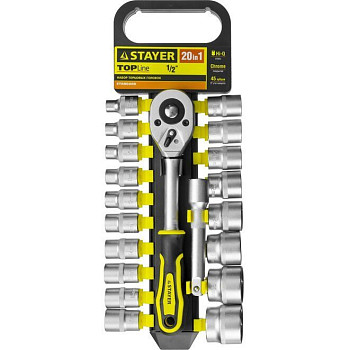 Набор STAYER "STANDARD": Торцовые головки (1/2") на пластиковом рельсе, трещотка, удлинитель, 8-32мм