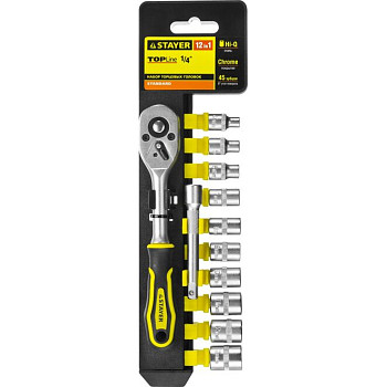 Набор STAYER "STANDARD": Торцовые головки (1/4") на пластиковом рельсе, трещотка, удлинитель, 4-13мм